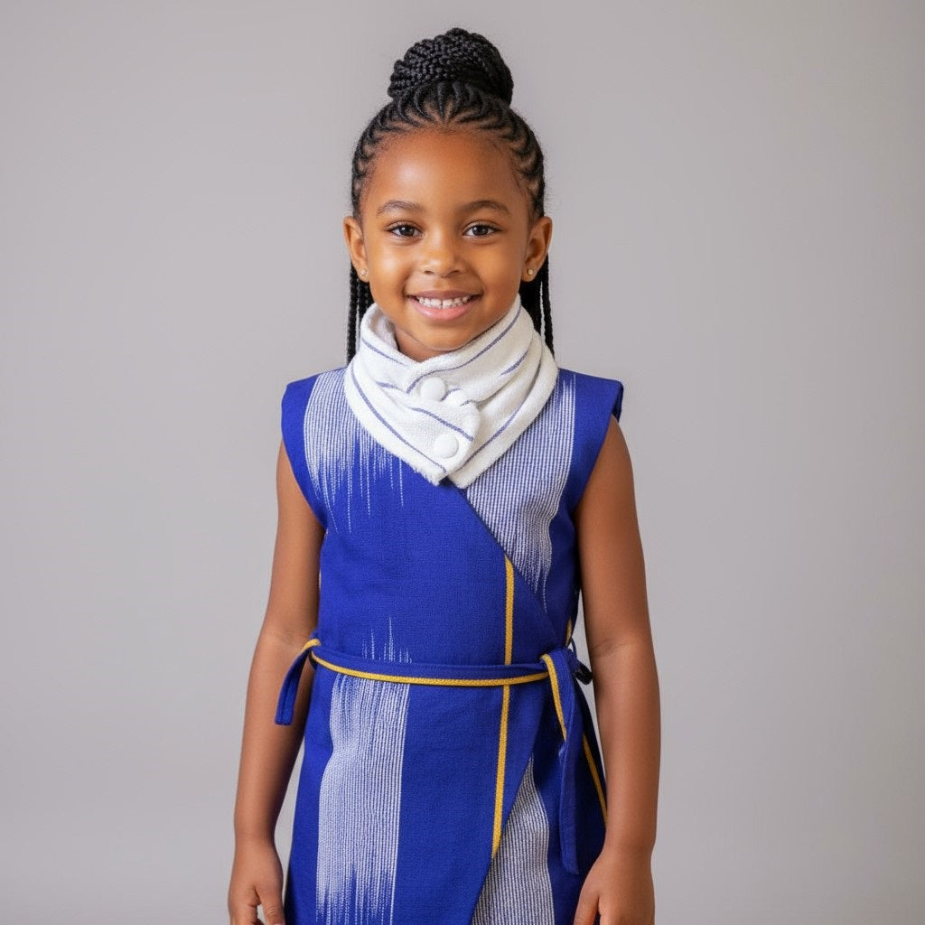 Robe cache-cœur bleu denim en tissu africain - éthique et artisanale