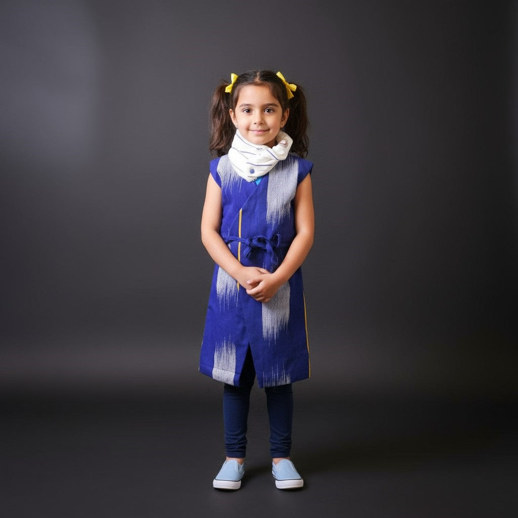 Robe cache-cœur bleu denim en tissu africain - éthique et artisanale