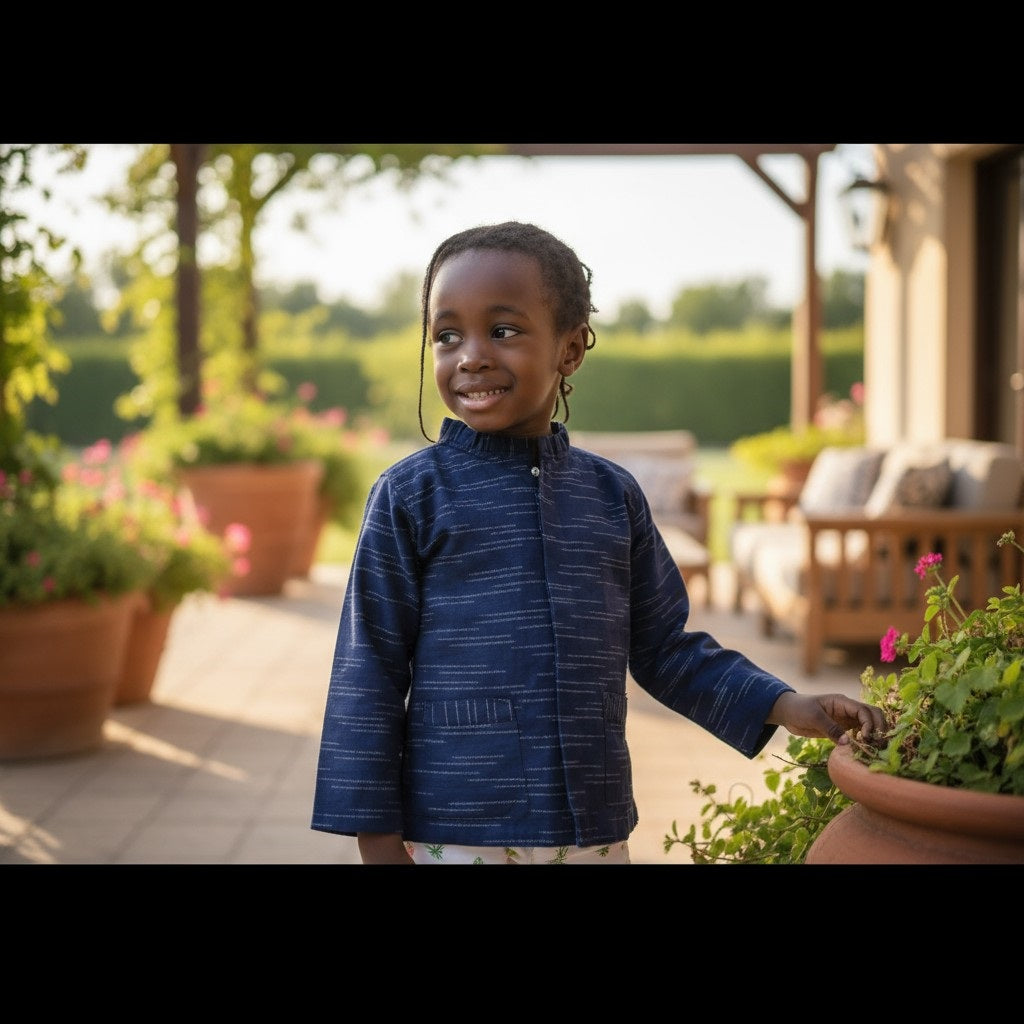 Veste bleu marine col mao en Kenté