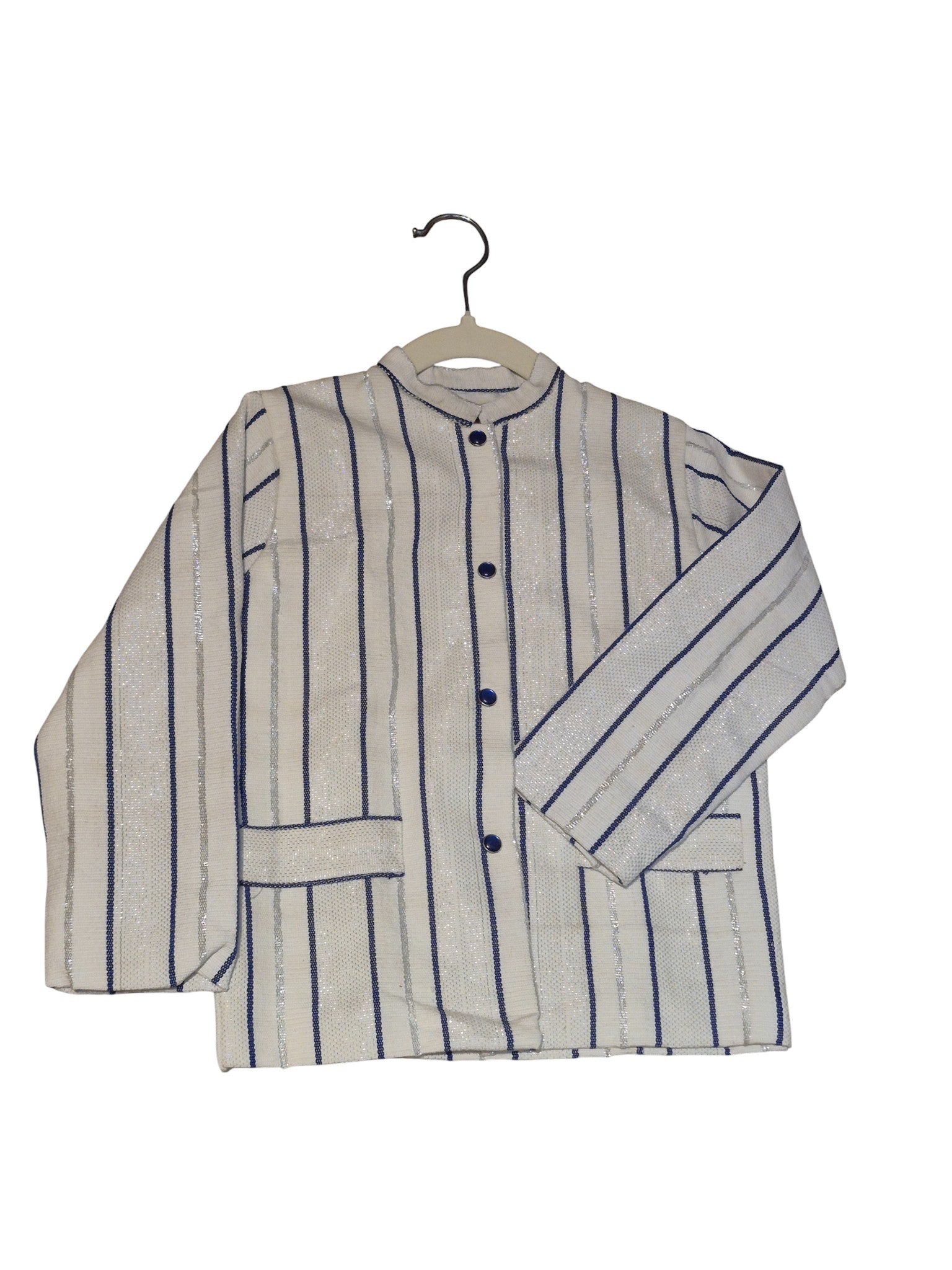 Veste bleu blanc brillant col mao