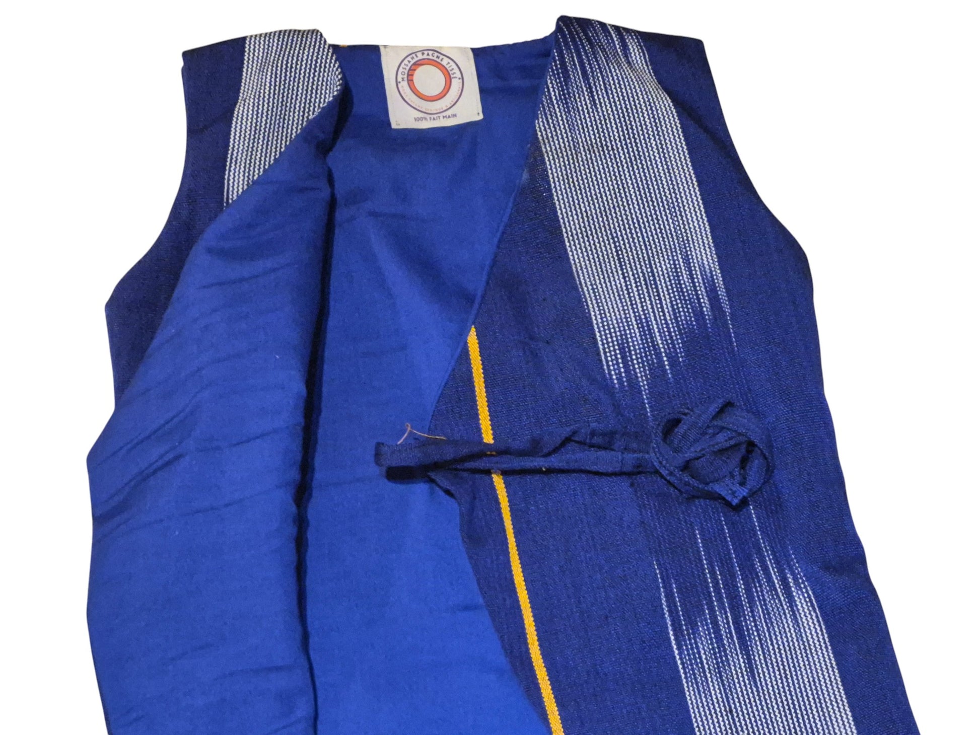Robe cache-cœur bleu denim en tissu africain - éthique et artisanale