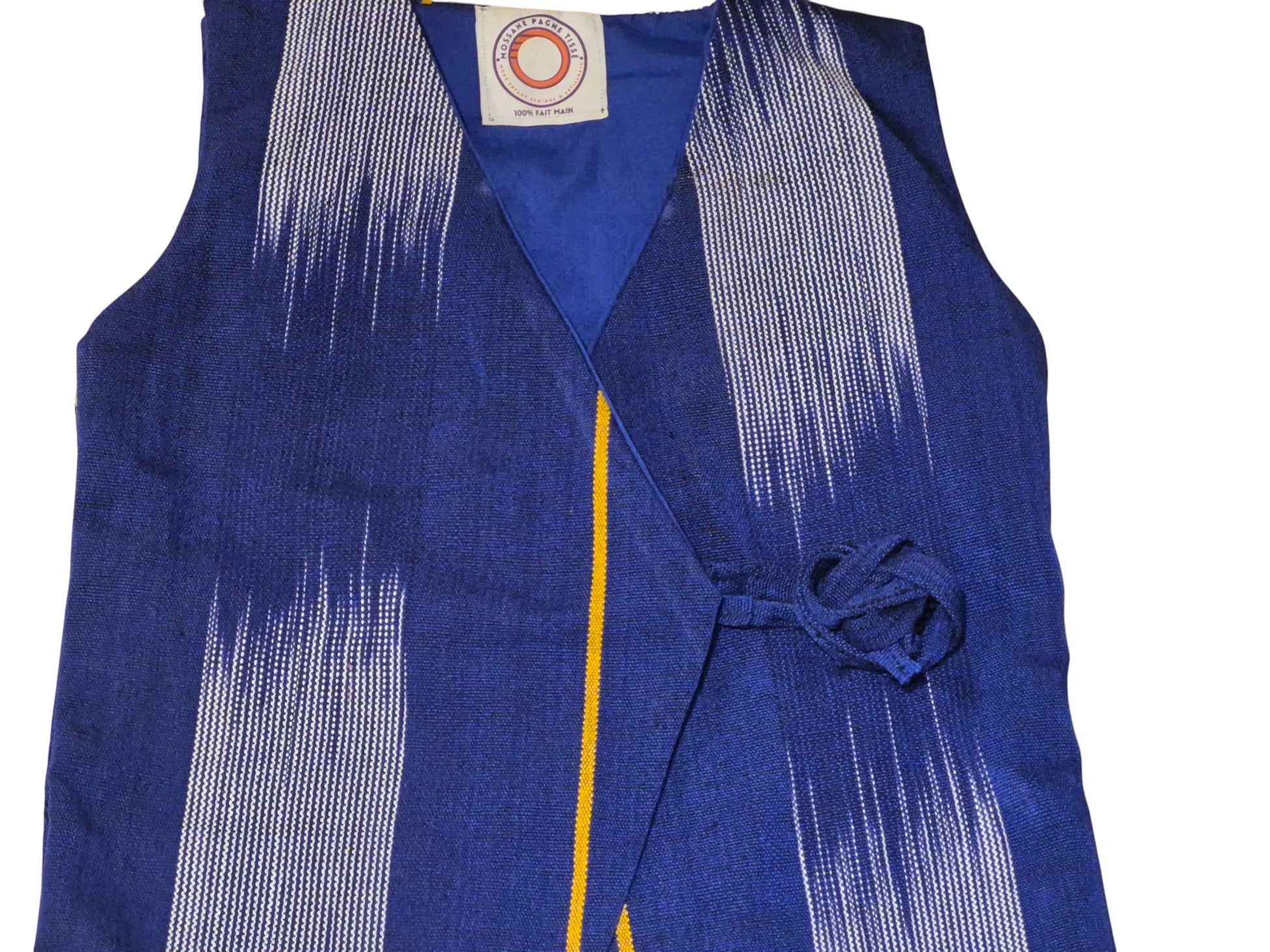 Robe cache-cœur bleu denim en tissu africain - éthique et artisanale