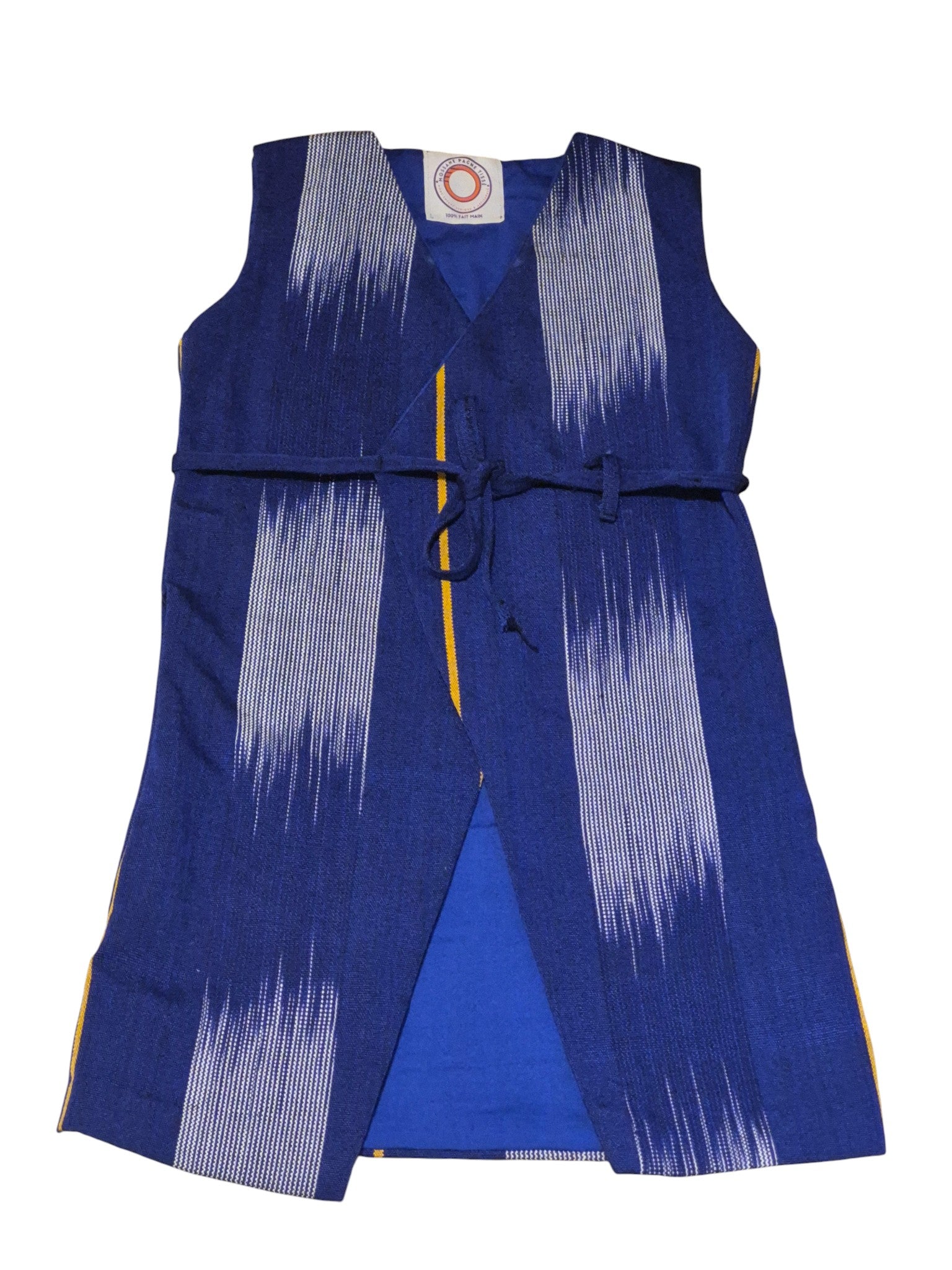 Robe cache-cœur bleu denim en tissu africain - éthique et artisanale